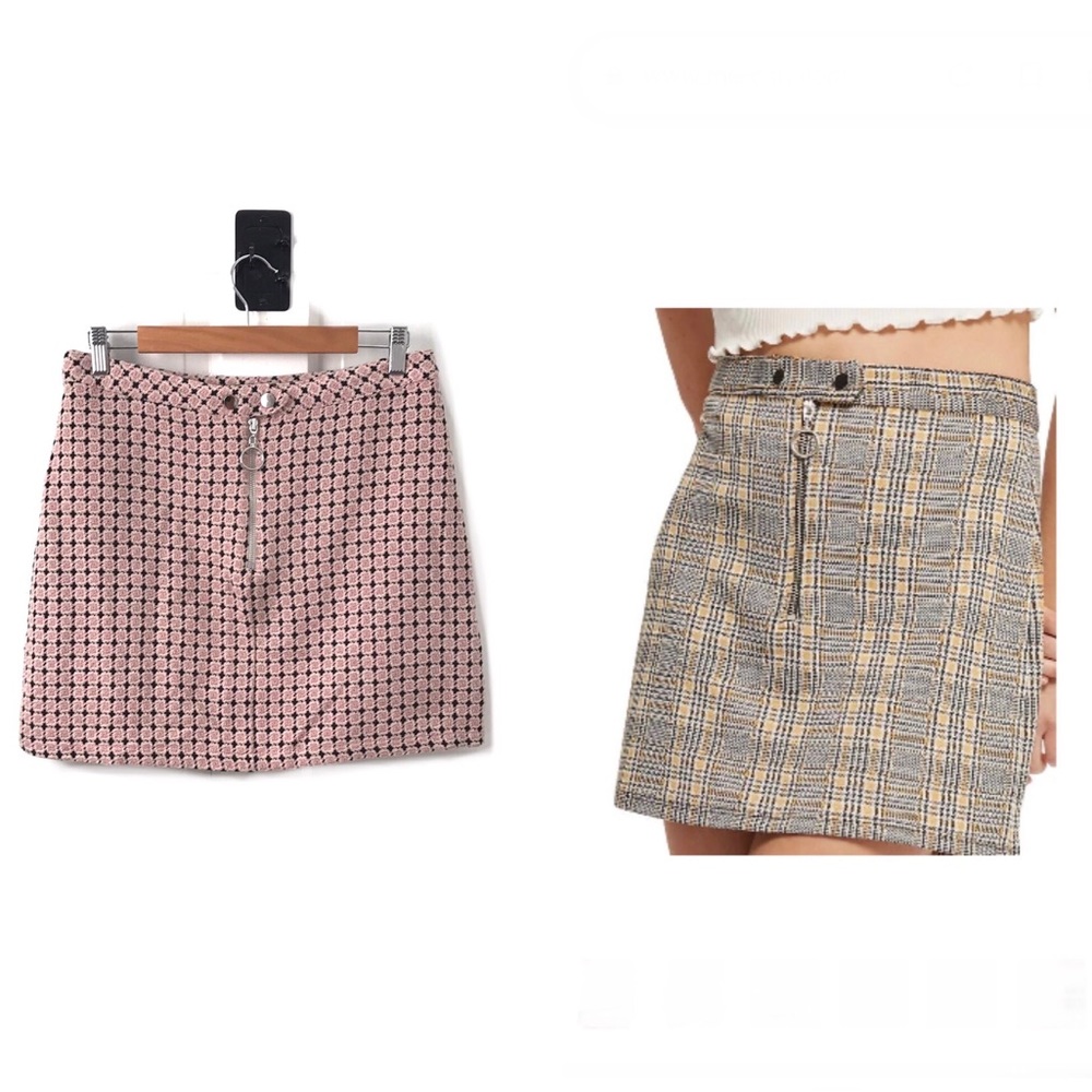 TOPSHOP pink boucle plaid zipper front mini skirt NWT